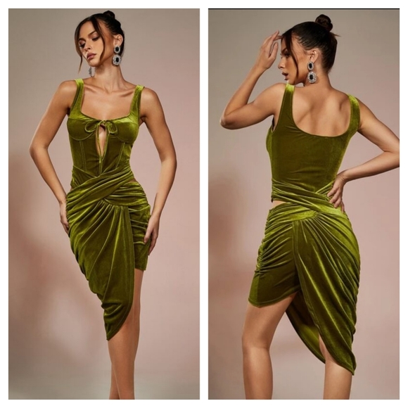 NEW | Dress Decode | Velvet Asymmetrical Hem Cut Out Front Ruched Dress - Picture 1 of 13